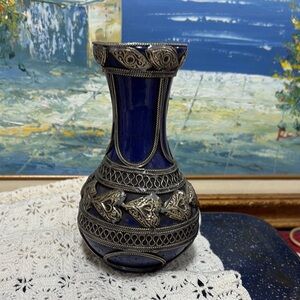 vintage Moroccan cobalt blue ceramic vase with silver filigree metal overlay